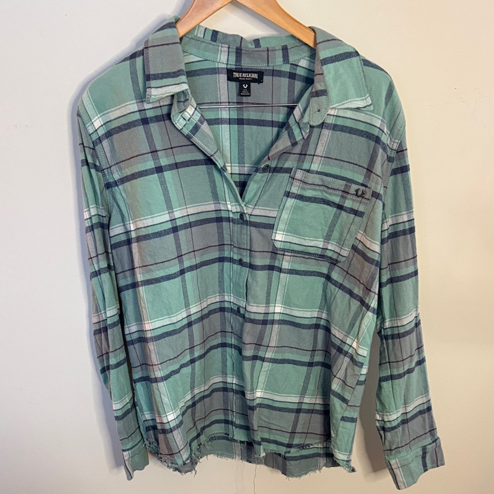 True Religion Y2K Plaid Flannel Shirt Distressed Hem Size L - Picture 2 of 7